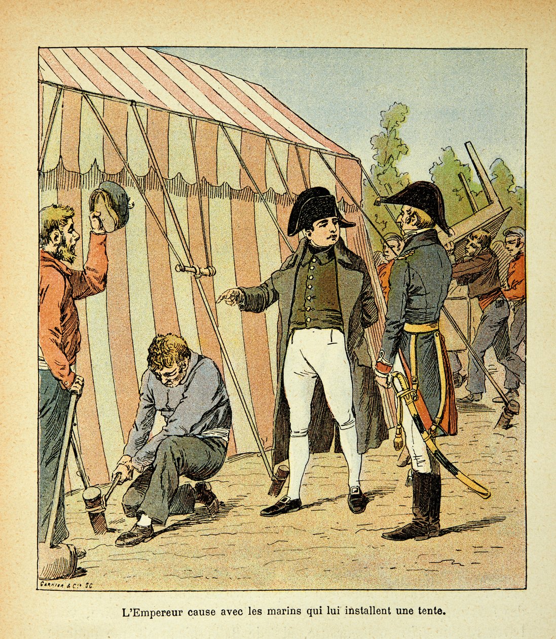 エマニュエル・ド・ラス・ケース伯爵（1766-1842）の著書『サン・ヘレネの記念碑』からボンブル・ルイ（1862-1927）が描いたイラスト。皇帝ナポレオンが自分のために天幕を張った船員たちと話している場面、プライベート・コレクション 作： ルイ・チャールズ・ボンブル