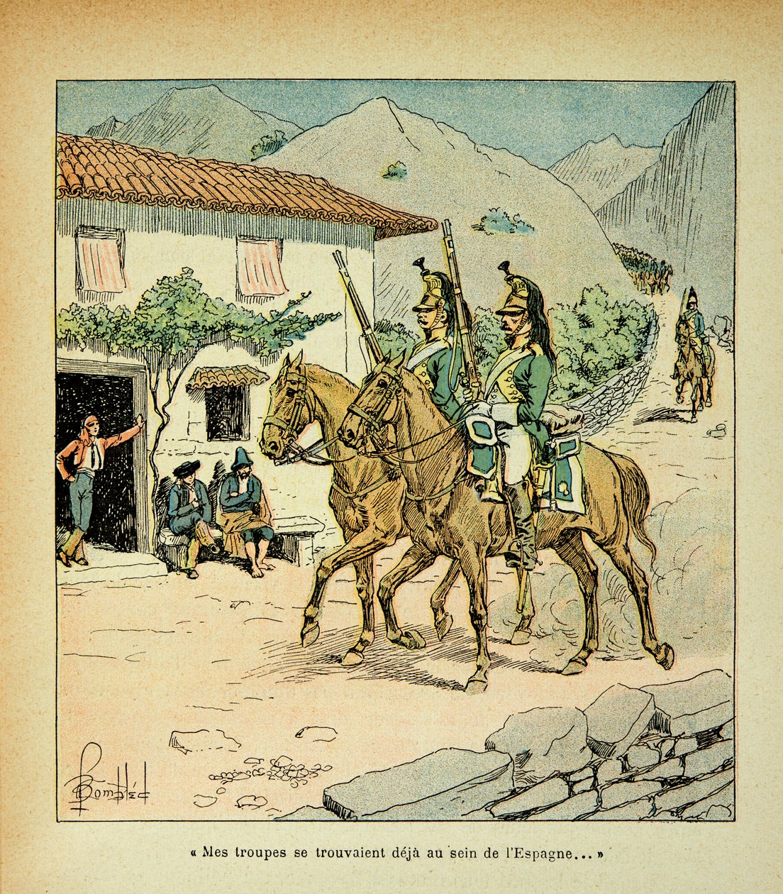 エマニュエル・ド・ラス・ケース伯爵（1766-1842）の著書『聖ヘレネの記念』からボンブル・ルイ（1862-1927）が描いたイラスト。スペイン戦争時のフランス軍、個人蔵 作： ルイ・チャールズ・ボンブル