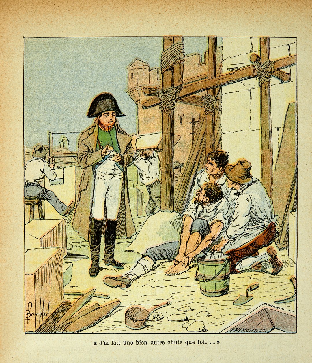 Illustration von Louis Bombled aus dem Buch „Das Memorial von Saint Helene“ von Graf Emmanuel de Las Cases: Auf der Insel Elba, ein Maurer, der in den vom Kaiser befohlenen Gebäuden beschäftigt war, wurde getröstet von Napoleon von Louis Charles Bombled