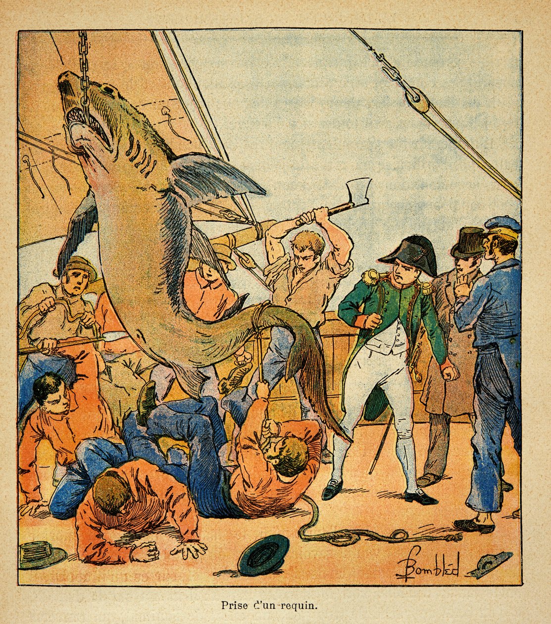 エマニュエル・ド・ラス・ケース伯爵（1766-1842）の著書『聖ヘレネの記念』からボンブル・ルイ（1862-1927）が描いたイラスト。ノーサンバーランド号でサメの捕獲に立ち会う皇帝ナポレオン、個人蔵 作： ルイ・チャールズ・ボンブル