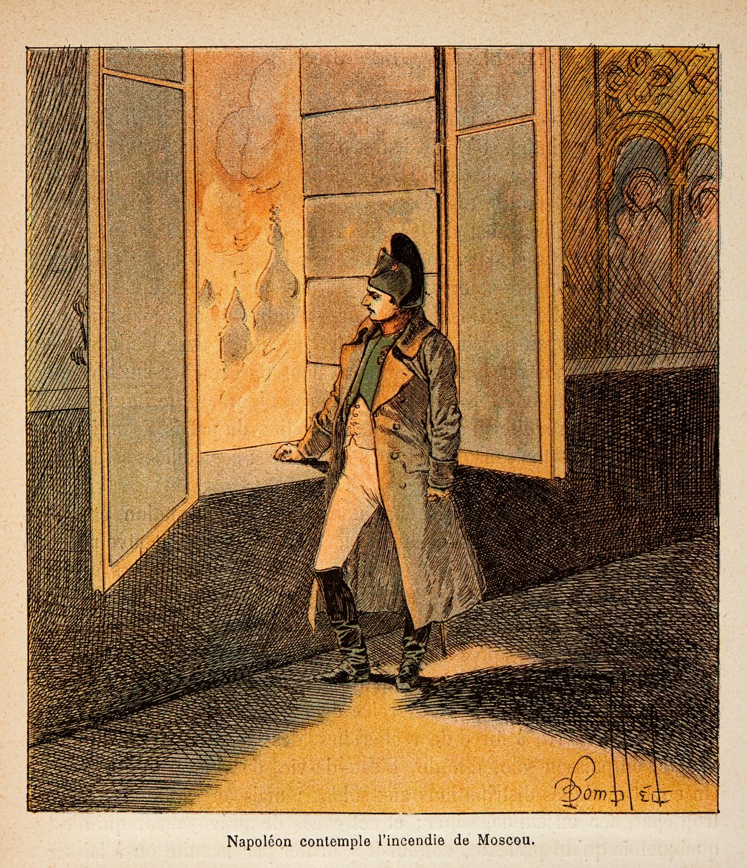 エマニュエル・ド・ラス・ケース伯爵（1766-1842）の著書『聖ヘレネの記念』からボンブル・ルイ（1862-1927）が描いたイラスト。1812年9月、モスクワの火事に思いを馳せる皇帝ナポレオン、個人蔵 作： ルイ・チャールズ・ボンブル