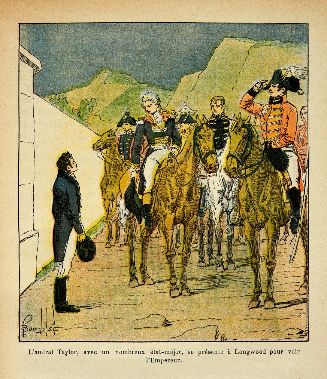 エマニュエル・ド・ラス・ケース伯爵（1766-1842）の著書『聖ヘレネの記念』からボンブル・ルイ（1862-1927）が描いたイラスト。皇帝ナポレオンに会うためにロングウッドに出頭する参謀付きテイラー提督、個人蔵 作： ルイ・チャールズ・ボンブル