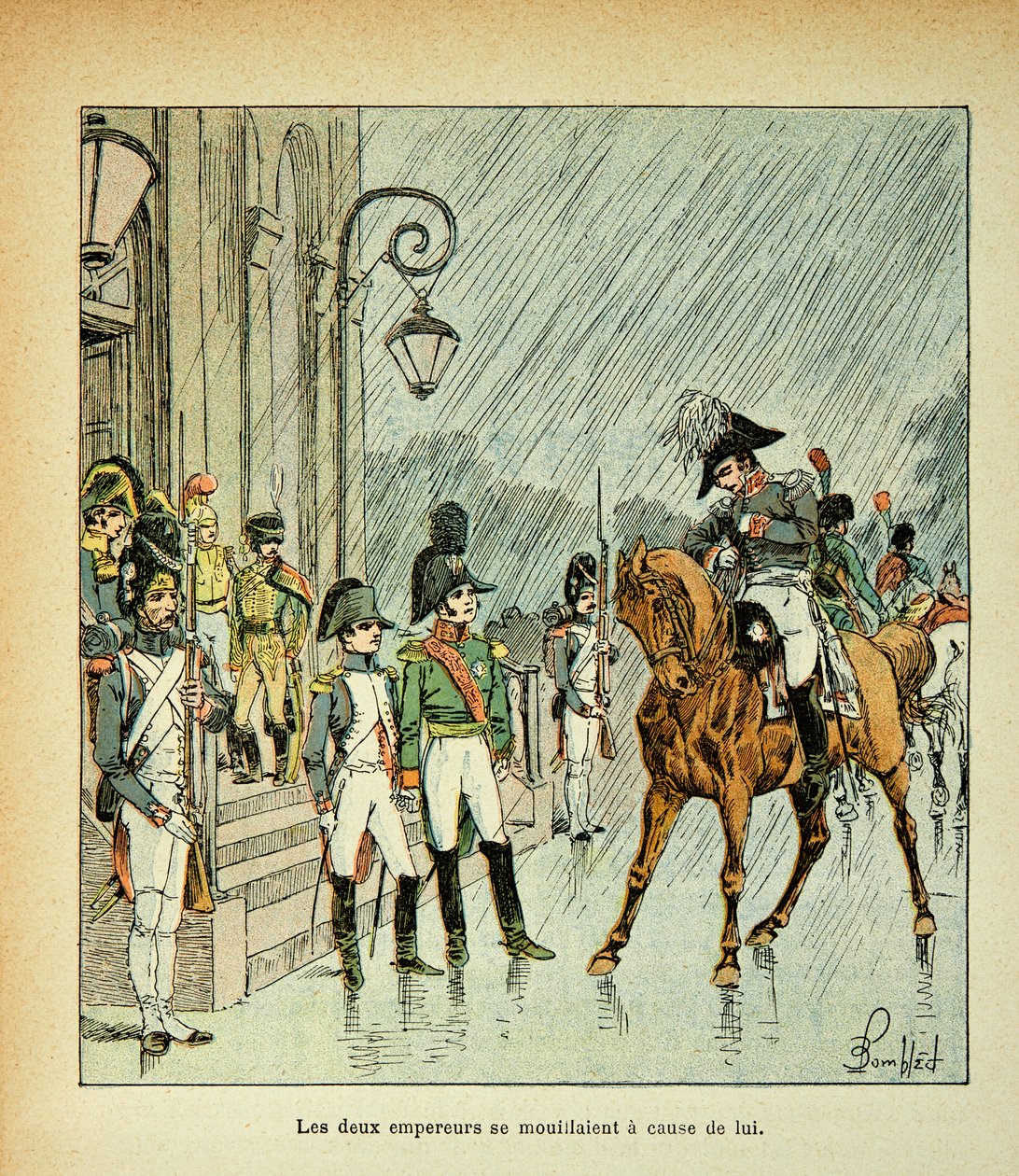 Illustration von Louis Bombled aus dem Buch „Das Memorial von Saint Helene“ von Graf Emmanuel de Las Cases: Kaiser Napoleon, König von Preußen und Zar Alexander I. beim Vertrag von Tilsit 1807 von Louis Charles Bombled