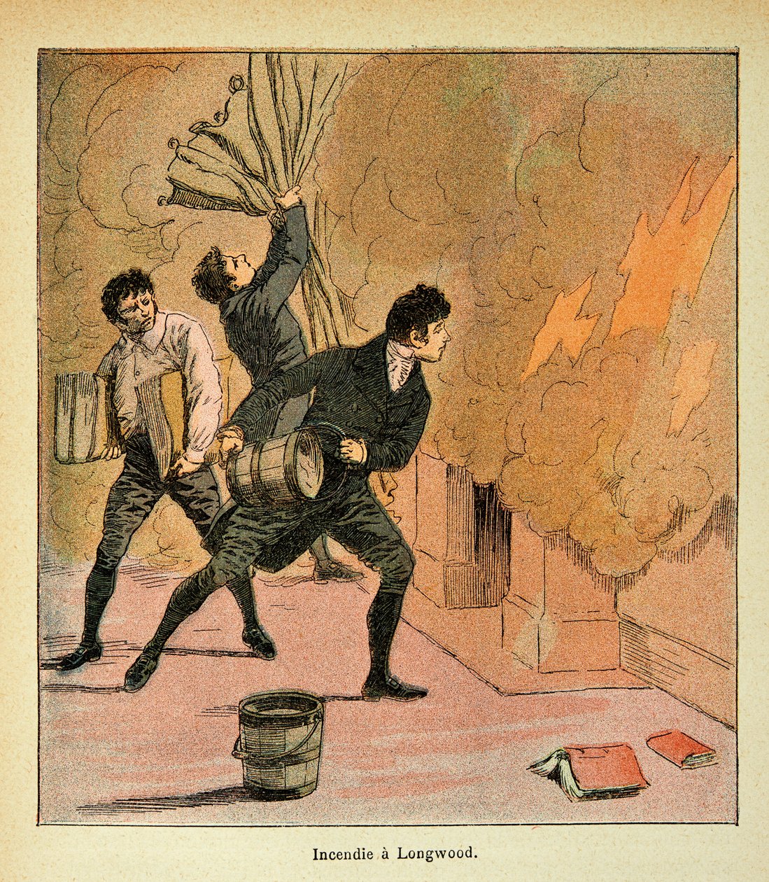 エマニュエル・ド・ラス・ケース伯爵（1766-1842）の著書「The memorial se Sainte Helene」に描かれたボンブル・ルイ（1862-1927）のイラスト。Fire a Longwood, Private Collection 作： ルイ・チャールズ・ボンブル