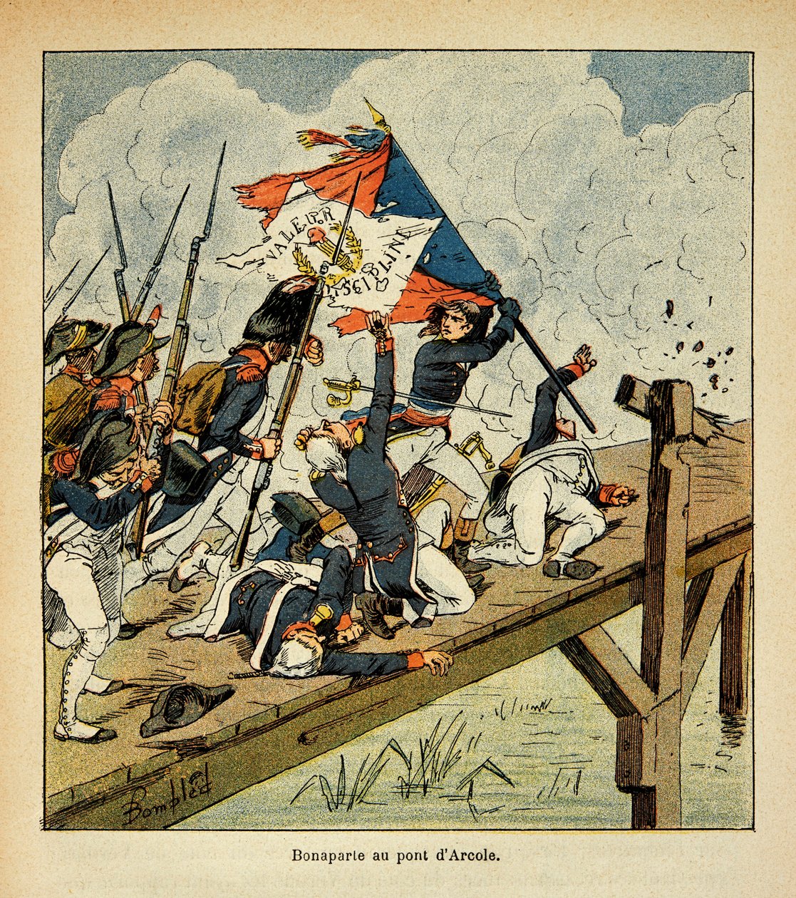 ボンブル・ルイ（1862-1927）が、エマニュエル・ド・ラス・カース伯爵（1766-1842）の著書『サント・ヘレネの記念碑』から描いたもの。アルコレ橋でのボナパルト、個人蔵 作： ルイ・チャールズ・ボンブル