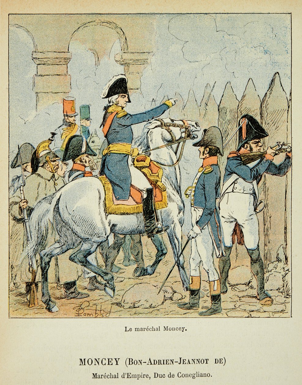 エマニュエル・ド・ラス・ケース伯爵（1766-1842）の著書『聖ヘレネの記念』に掲載されたボンブル・ルイ（1862-1927）のイラスト。ボン・アドリアン・ジャノ・デ・モンシー侯爵（1754-1842）、コネリアーノ公爵、プライベート・コレクション 作： ルイ・チャールズ・ボンブル