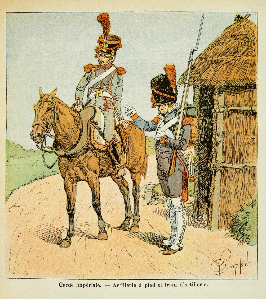 エマニュエル・デ・ラスカセス伯爵（1766-1842）の著書『聖ヘレネの記念』に掲載されたボンブル・ルイ（1862-1927）のイラスト。帝国軍の親衛隊。徒歩の砲兵隊と砲兵隊列車、個人蔵 作： ルイ・チャールズ・ボンブル