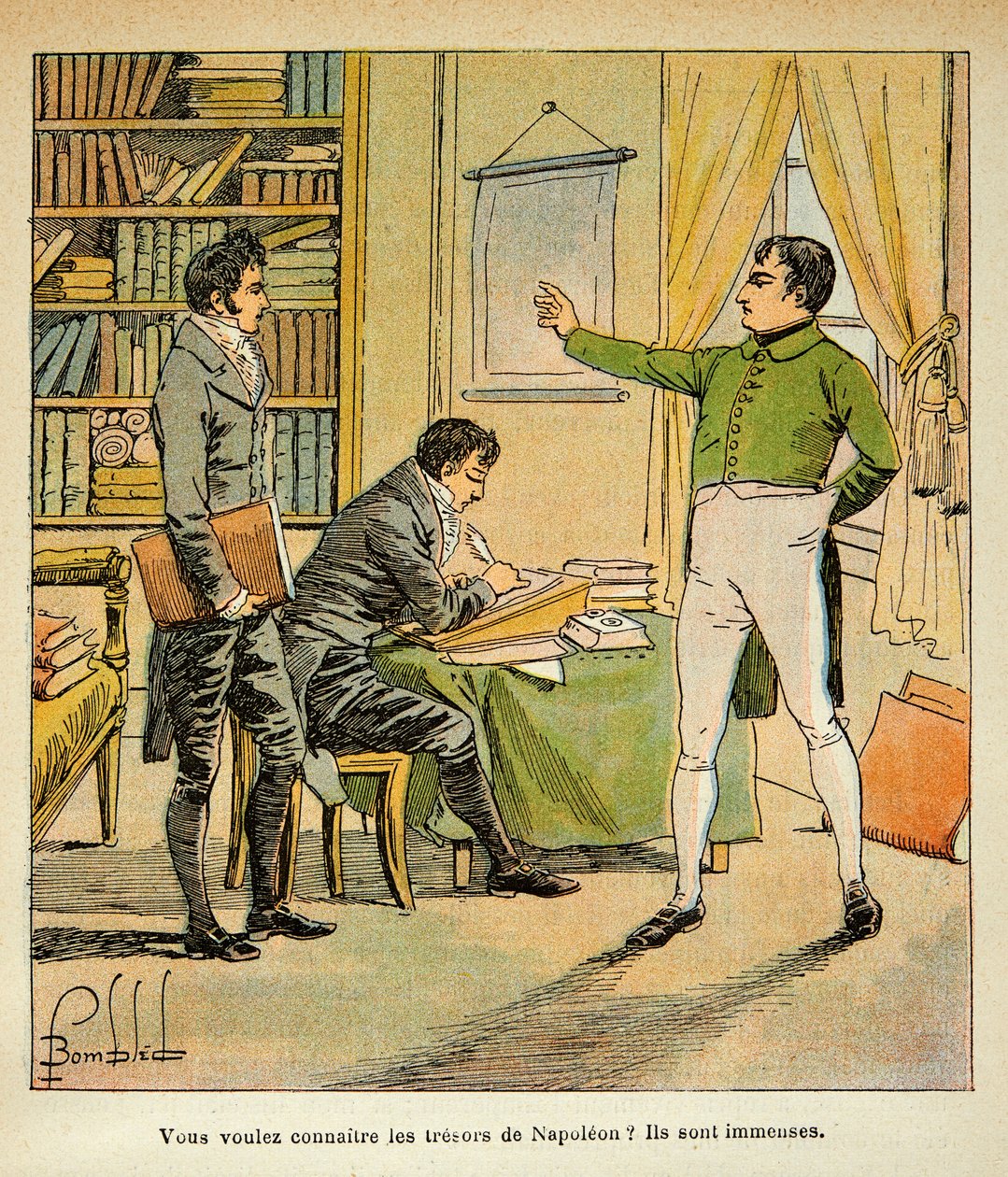 エマニュエル・ド・ラス・ケース伯爵（1766-1842）の著書『サン・ヘレネの追悼』に掲載されたボンブル・ルイ（1862-1927）のイラスト。ナポレオンがラス・ケースに記念品を口述したもの、プライベート・コレクション 作： ルイ・チャールズ・ボンブル