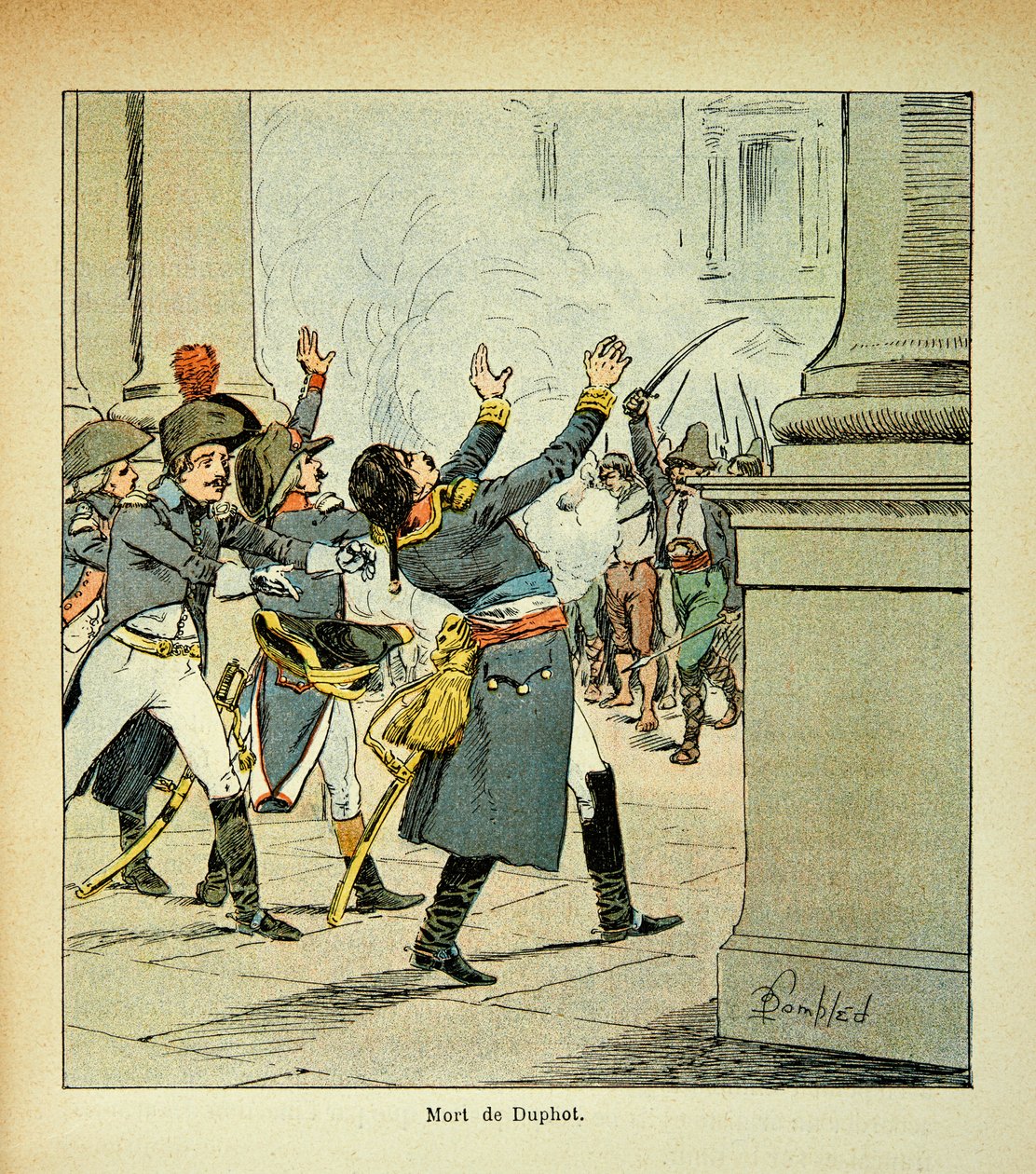 エマニュエル・ド・ラス・ケース伯爵（1766-1842）の著書『聖ヘレネの記念』に掲載されたボンブル・ルイ（1862-1927）のイラスト。1797年にローマで行われたレオナルド・デュポト将軍（1769-1797）の暗殺事件、個人蔵 作： ルイ・チャールズ・ボンブル