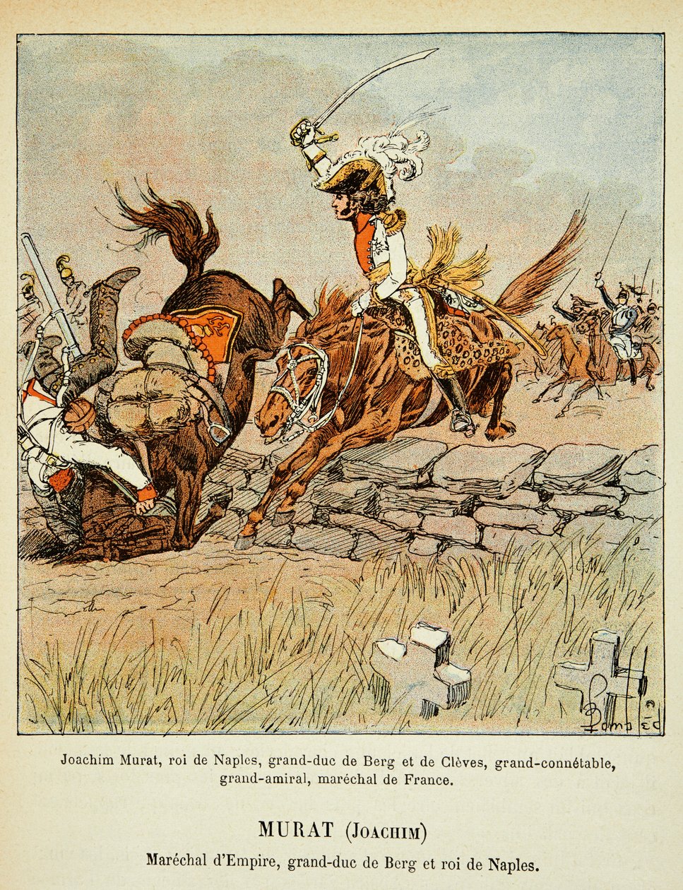 エマニュエル・ド・ラス・ケース伯爵（1766-1842）の著書『聖ヘレネの記念』に掲載されたボンブル・ルイ（1862-1927）のイラスト。ヨアヒム・ムラット（1767-1815）担当、個人蔵 作： ルイ・チャールズ・ボンブル