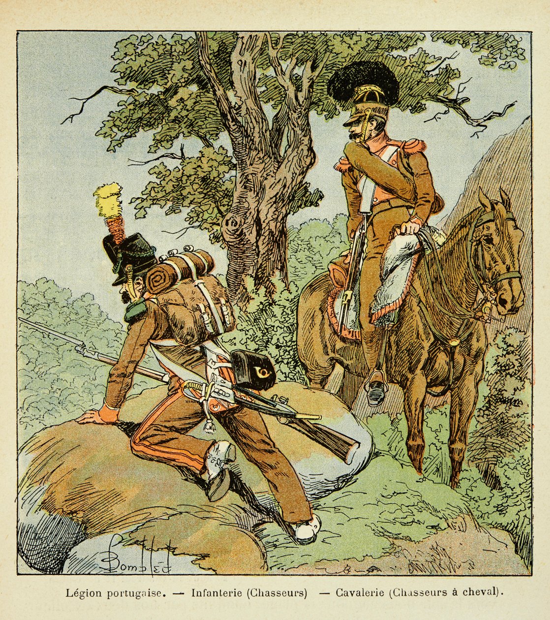 エマニュエル・デ・ラスカセス伯爵（1766-1842）の著書「サン・ヘレネの記念」に掲載されたボンブル・ルイ（1862-1927）のイラスト。ポルトガル軍団。歩兵（狩人）と騎兵（馬上の狩人）、個人蔵 作： ルイ・チャールズ・ボンブル