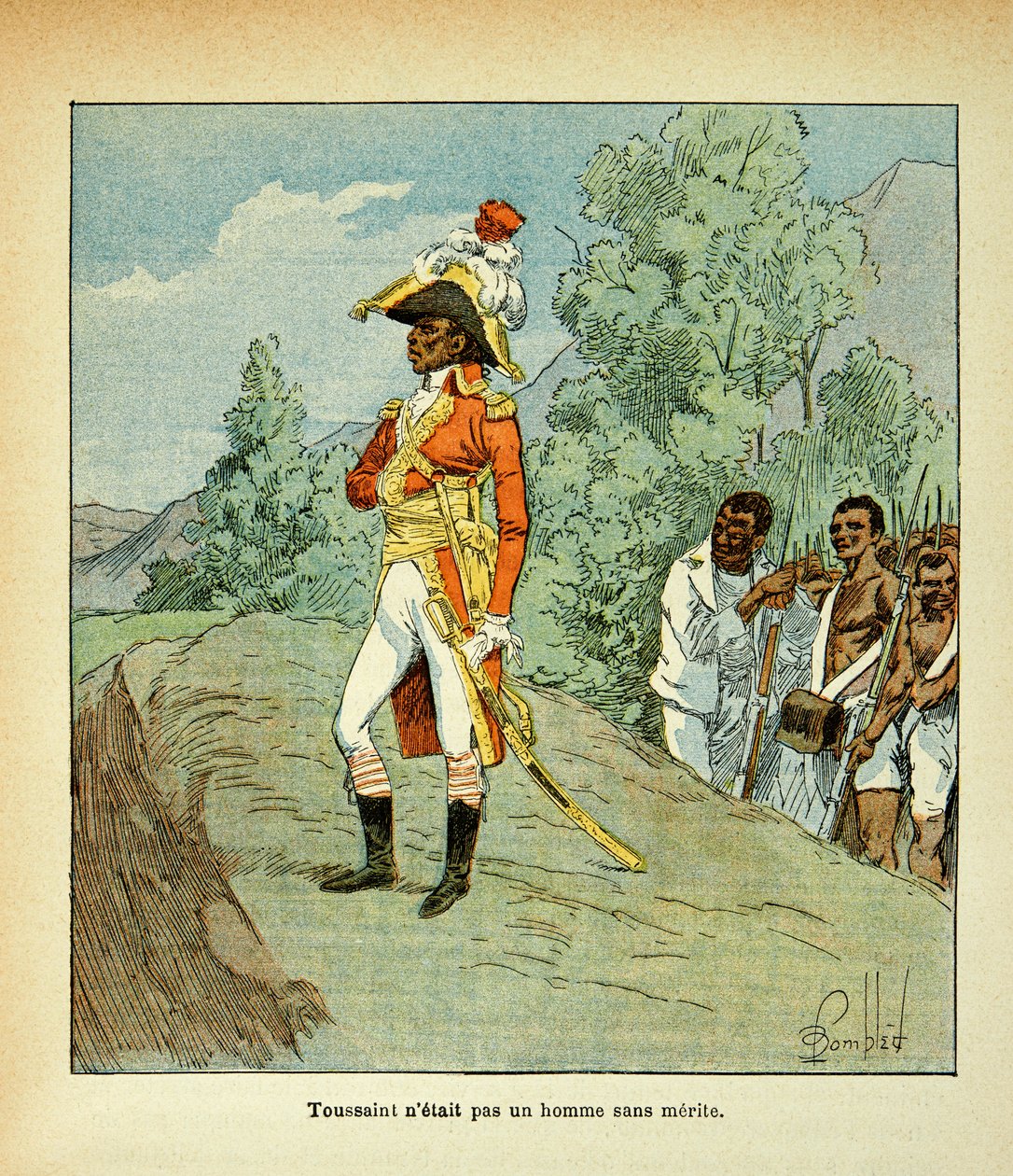 エマニュエル・ド・ラス・ケース伯爵（1766-1842）の著書『聖ヘレネの記念』に掲載されたボンブル・ルイ（1862-1927）のイラスト。トゥーサン・ルーヴェルチュール（1743-1803）の肖像 個人蔵 作： ルイ・チャールズ・ボンブル