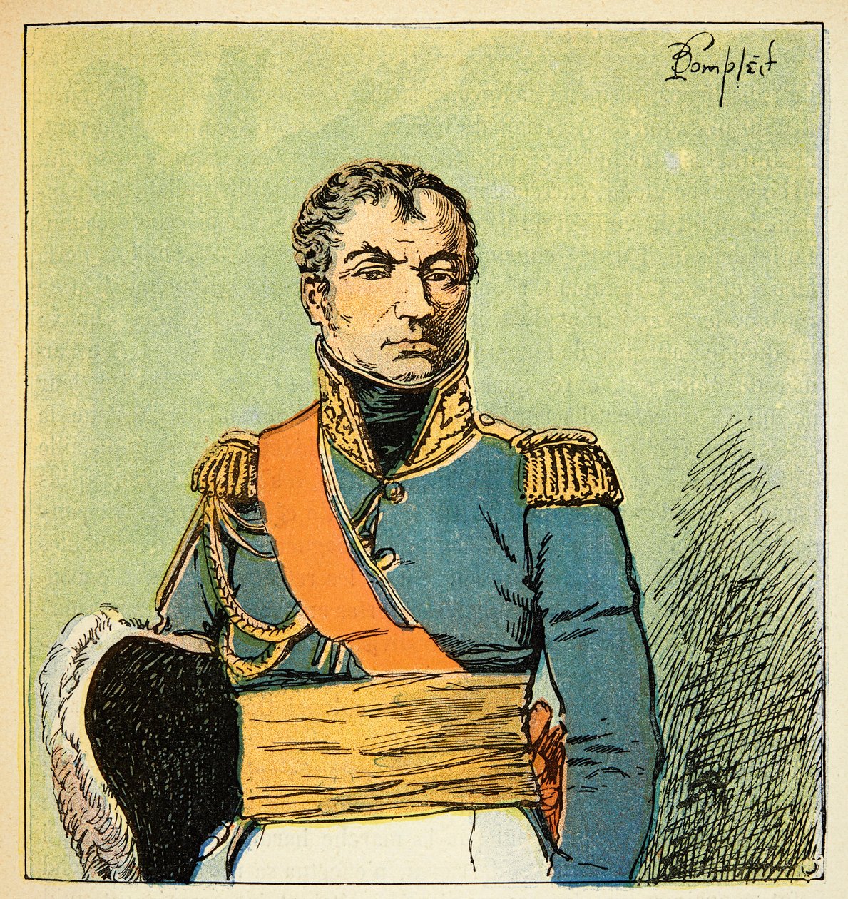 エマニュエル・ド・ラス・ケース伯爵（1766-1842）の著書『聖ヘレネの記念』に掲載されたボンブル・ルイ（1862-1927）のイラスト。レッジョ公爵の牧童ニコラ・シャルル・ウーディノ（1767-1847）の肖像、プライベート・コレクション 作： ルイ・チャールズ・ボンブル