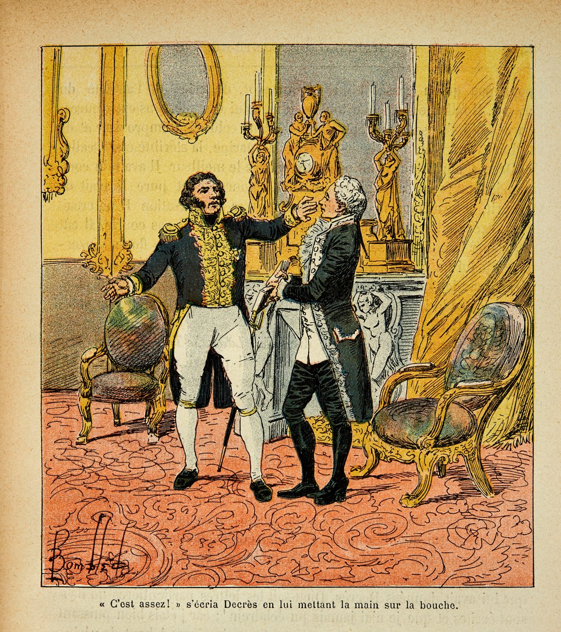 エマニュエル・ド・ラス・ケース伯爵（1766-1842）の著書「サン・ヘレネの記念」に掲載されたボンブル・ルイ（1862-1927）のイラスト。ドニ・ドゥクレス（1761-1820）と向き合うタレーラン（1754-1838） 個人蔵 作： ルイ・チャールズ・ボンブル