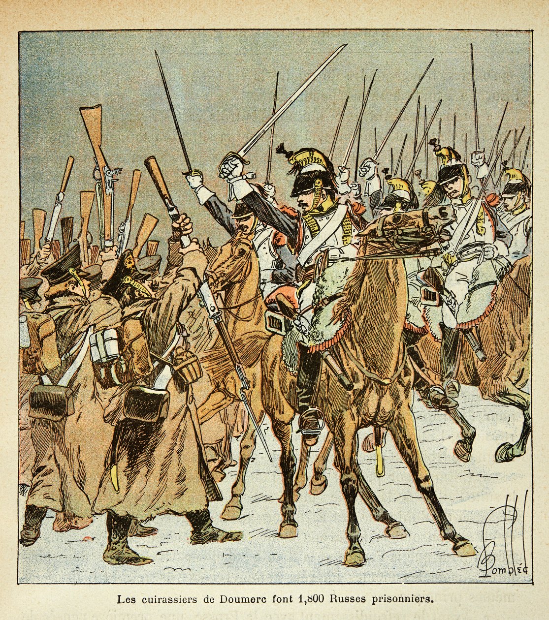 エマニュエル・ド・ラス・ケース伯爵（1766-1842）の著書「聖ヘレネの記念碑」に掲載されたボンブル・ルイ（1862-1927）のイラスト。ロシア遠征で1800人のロシア人を捕獲したDoumere大佐の第9連隊の戦艦、個人蔵 作： ルイ・チャールズ・ボンブル