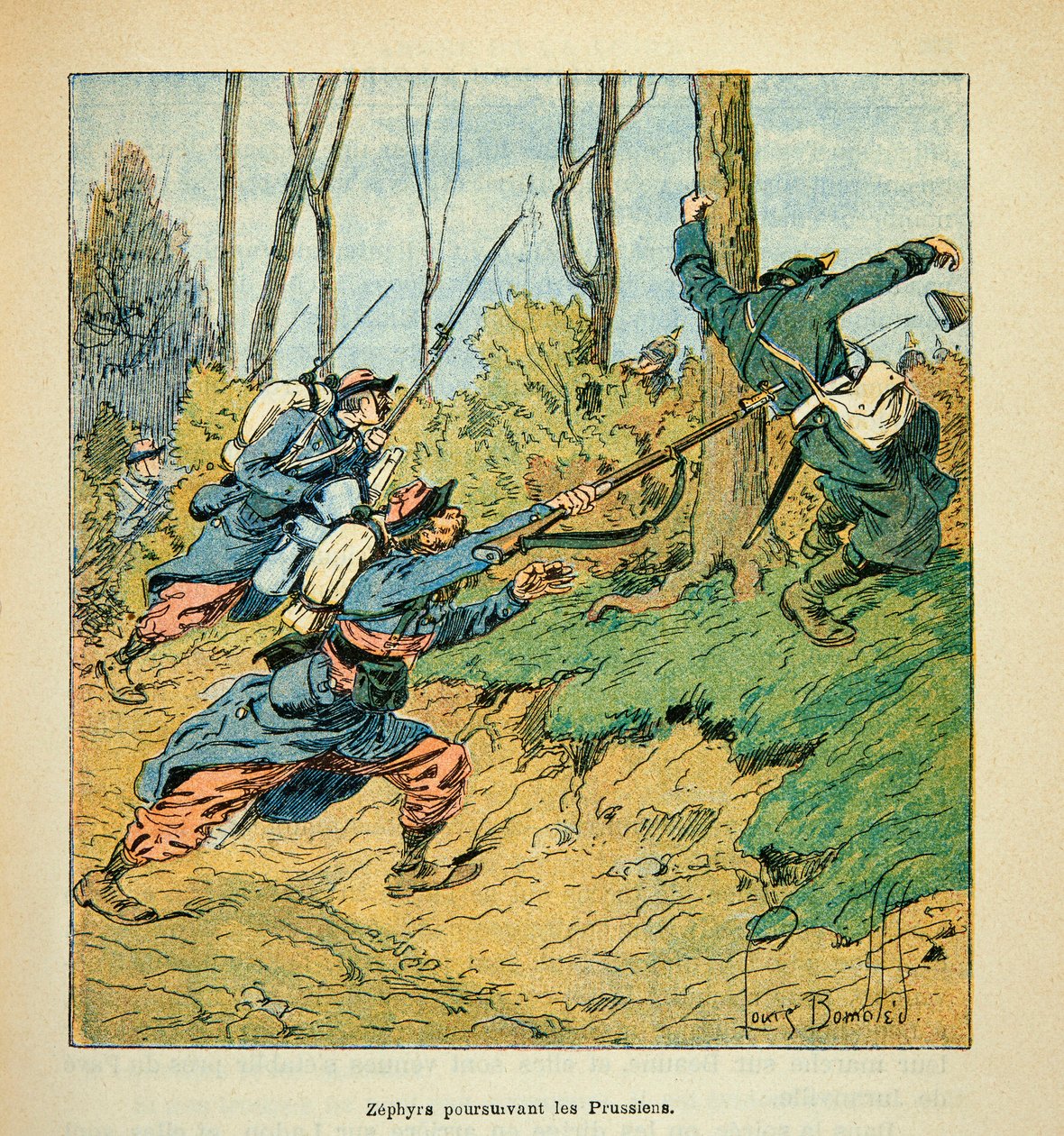 ルイ・ボンブルド（1862-1927）が挿絵を描いたウジェーヌ・セルジェント（グレネスト）の『ロワールの軍隊』（独仏戦争、1870年～1871年のキャンペーン）。1870年の戦争でプロシア軍を追撃するフランス兵、個人蔵 作： ルイ・チャールズ・ボンブル