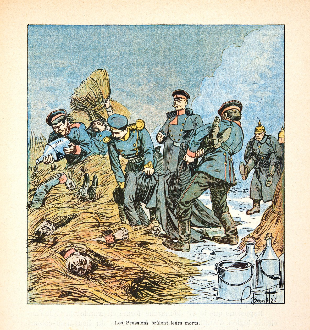 ルイ・ボンブルド（1862-1927）が挿絵を描いたウジェーヌ・セルジェント（グルネスト）の『ロワールの軍隊』（独仏戦争、1870年から1871年のキャンペーン）。プロイセンは1870年の戦争で死者を焼いた、個人蔵 作： ルイ・チャールズ・ボンブル