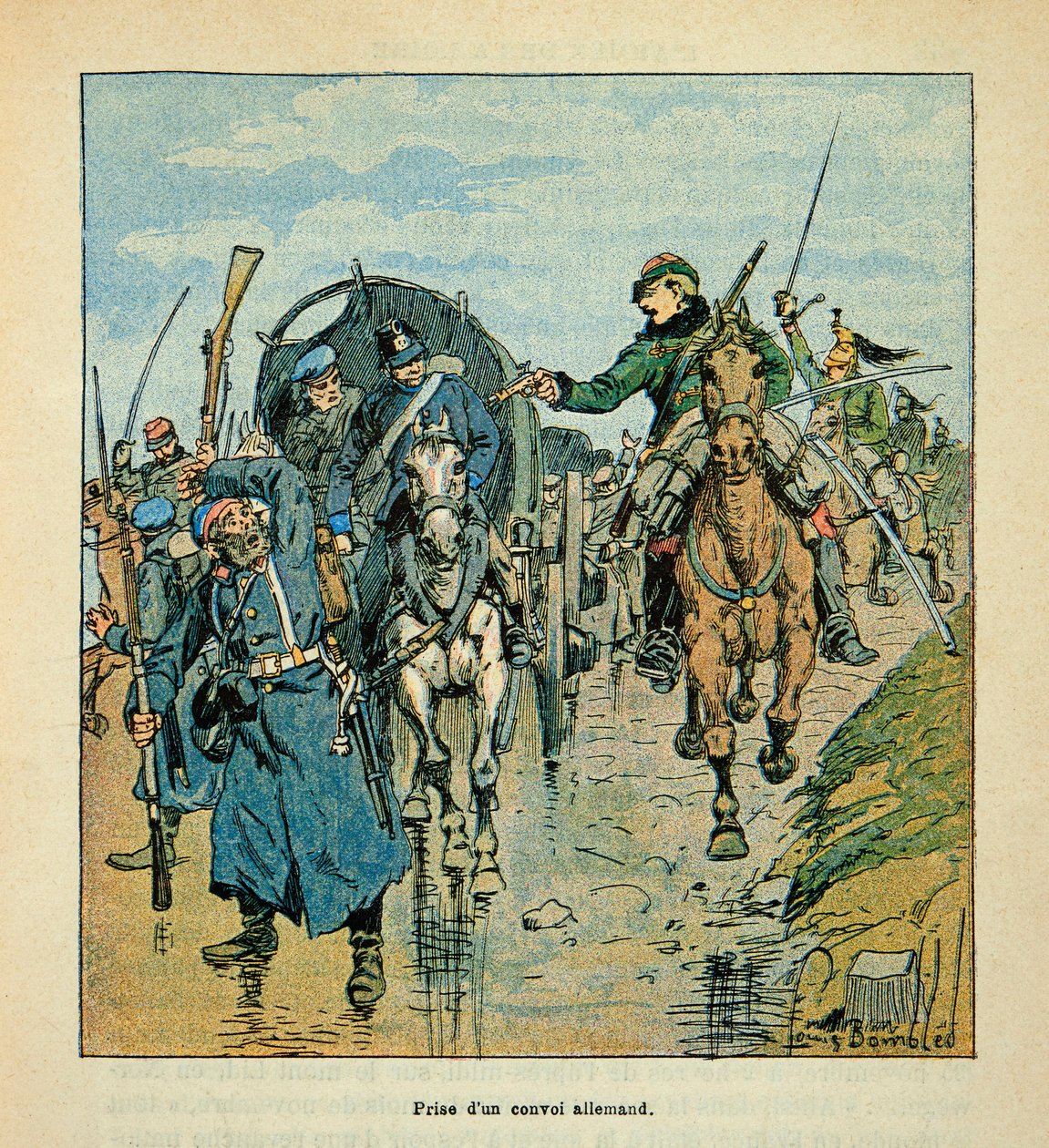 ルイ・ボンブルド（1862-1927）が挿絵を描いたウジェーヌ・セルジェント（グレネスト）の「ロワールの軍隊」（独仏戦争、1870年から1871年のキャンペーン）。1870年の戦争におけるフランス軍によるドイツ軍輸送船団の捕獲、個人蔵 作： ルイ・チャールズ・ボンブル
