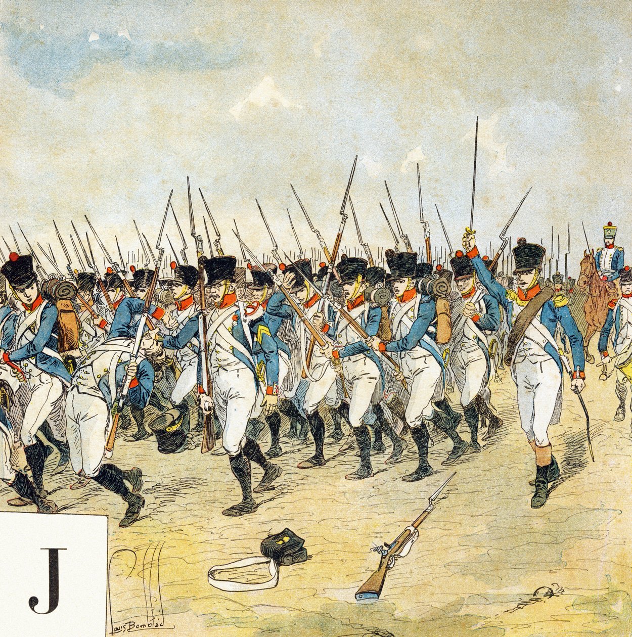 文字J：若き衛兵、"Je serai soldat"(私は兵士になります) - 軍事用アルファベット 作： ルイ・チャールズ・ボンブル
