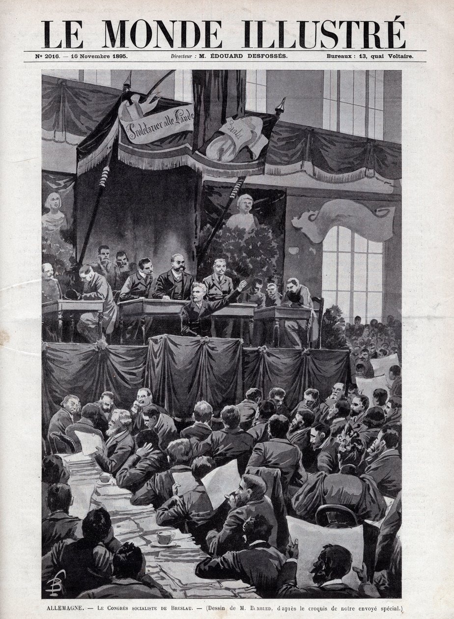 1895年にドイツのブレスラウで開催された社会主義者会議でのアウグスト・ベベル（1840-1913）のスピーチ - 1895年の「The Illustrous World」に掲載されたエングレーヴィング - ボンブルドによるドローイング。 作： ルイ・チャールズ・ボンブル