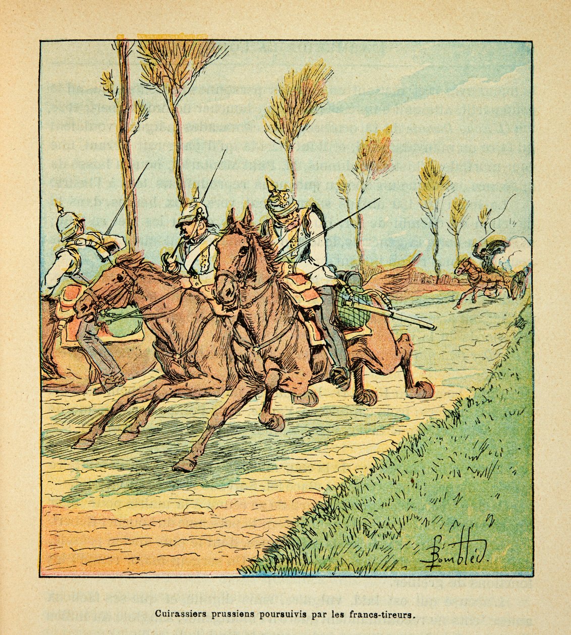 ルイ・ボンブルド（1862-1927）が挿絵を描いたグルネストことウジェーヌ・セルジェントの「ロワールの軍隊」（独仏戦争、1870年から1871年のキャンペーン）。1870年10月、フライシストに追われるプロイセンの騎兵隊、個人蔵 作： ルイ・チャールズ・ボンブル