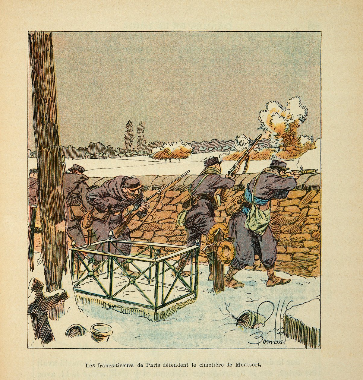 ルイ・ボンブルド（1862-1927）が挿絵を描いたグルネストことユージン・セルジェントの「ロワール軍」（独仏戦争、1870年～1871年のキャンペーン）。1871年1月、モンソルト（アレンコン）の墓地を守るパリのフランス軍の射手たち、個人蔵 作： ルイ・チャールズ・ボンブル