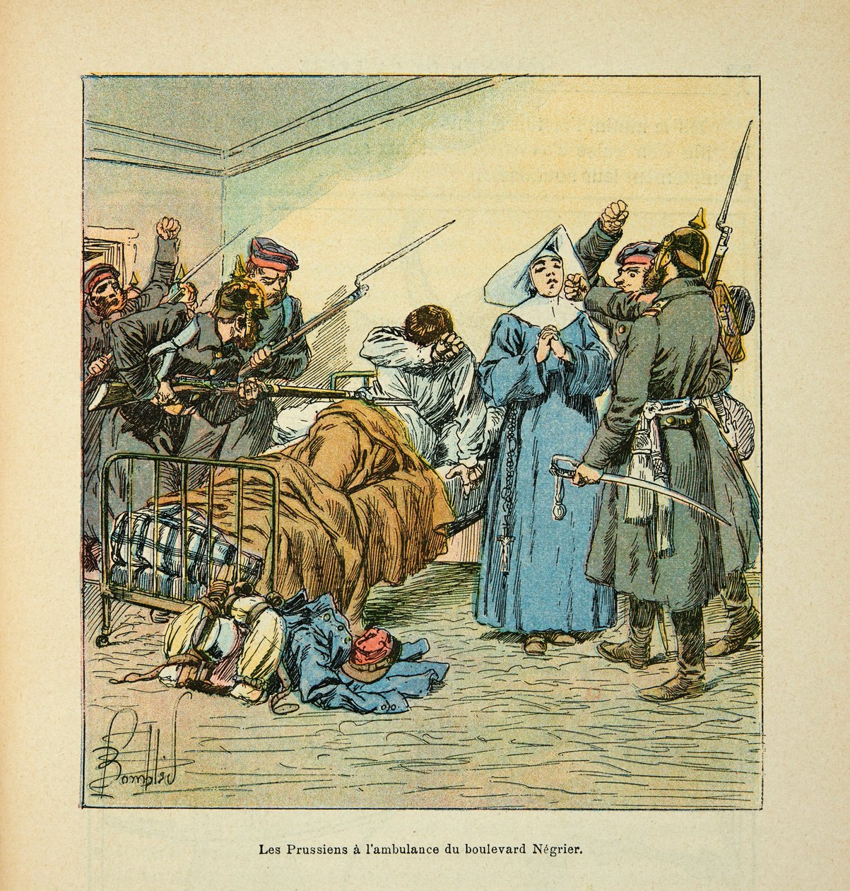 ルイ・ボンブルド（1862-1927）が挿絵を描いたグルネストことウジェーヌ・セルジェントの「ロワール軍」（独仏戦争、1870年から1871年のキャンペーン）。1871年1月、マンのネグリエ大通りの救急車に乗ったプロシア軍、個人蔵 作： ルイ・チャールズ・ボンブル