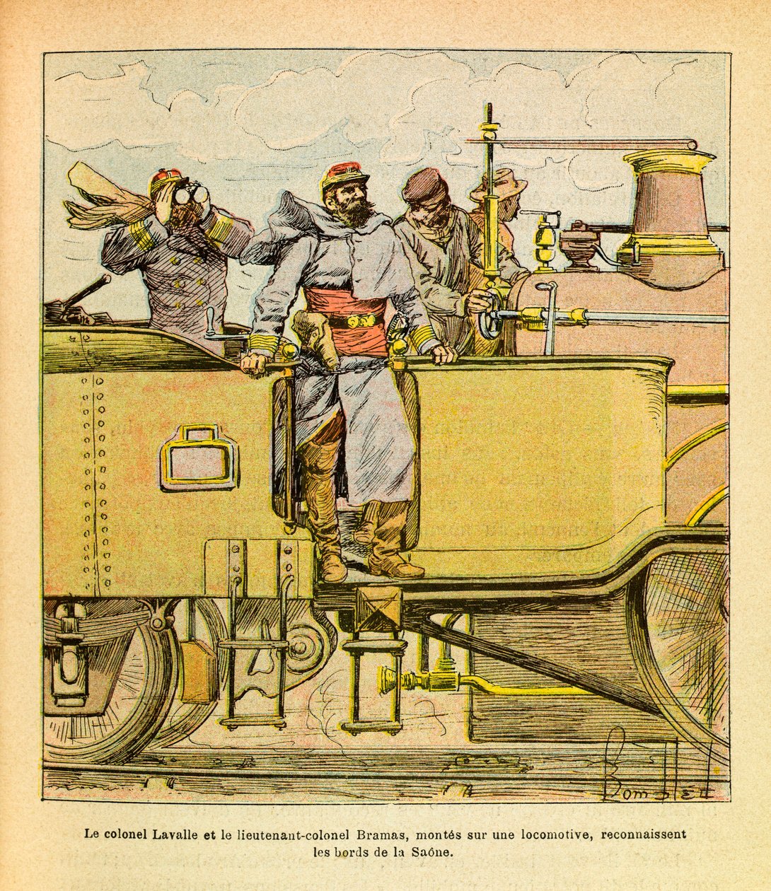ルイ・ボンブルド（1862-1927）が描いた「グルネストことユージン・セルジュの東部軍」（独仏戦争、1870-1871年のキャンペーン）。1870年12月、ラヴァレ大佐とブラマス中佐が機関車に乗ってソーヌ川のほとりに現れた。 作： ルイ・チャールズ・ボンブル