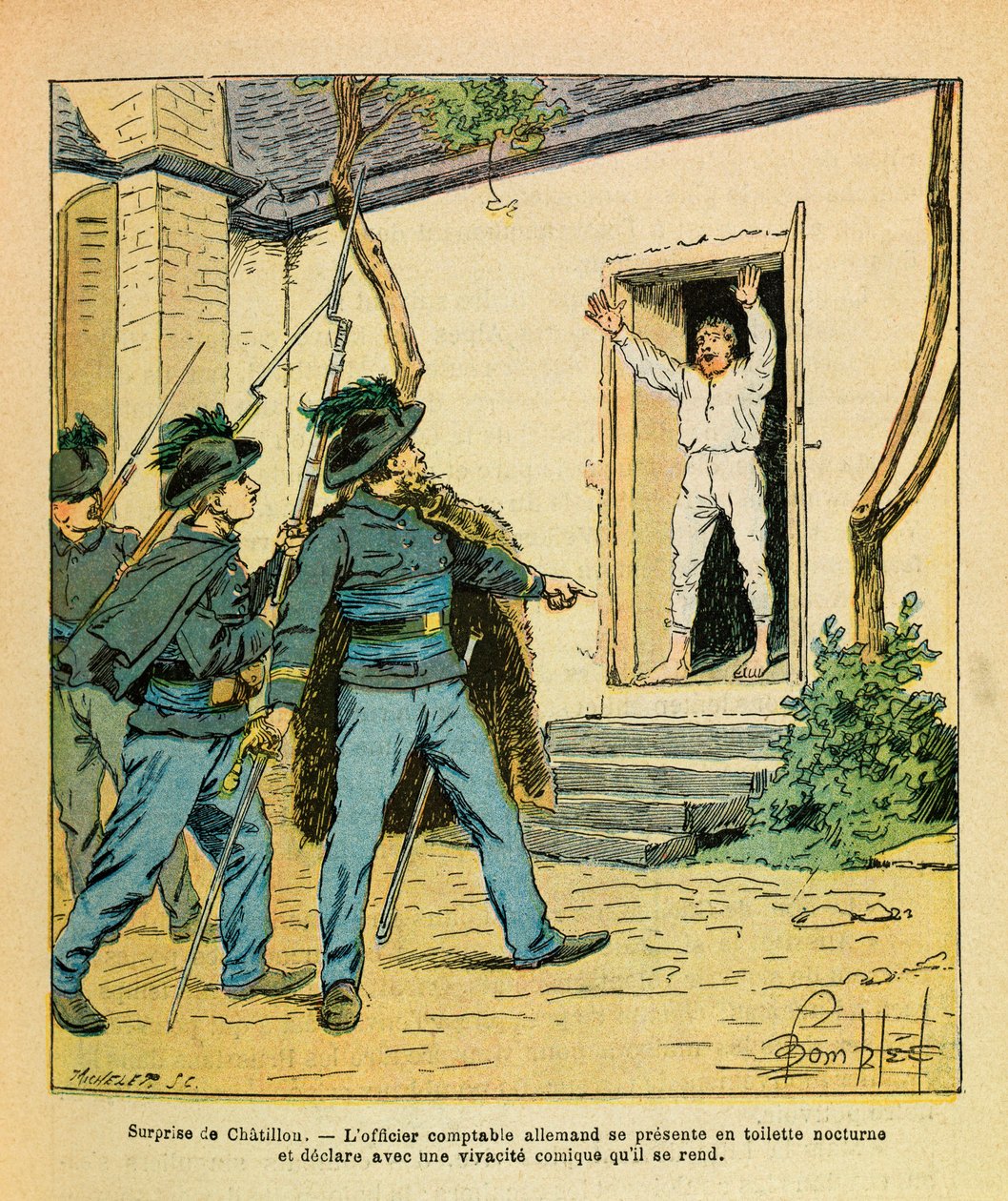 ルイ・ボンブルド（1862-1927）が描いたユージン・セルジャン（グレネスト）の東部軍（独仏戦争、1870-1871年のキャンペーン）。1870年11月、シャティヨン・シュル・セーヌにて、ミシャール大尉はコート・ド・ホテルでドイツ人会計官を捕らえた。 作： ルイ・チャールズ・ボンブル