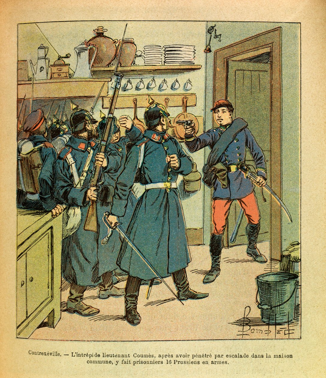 ルイ・ボンブルド（1862-1927）が描いた「グルネストことユージン・セルジュの東部軍」（独仏戦争、1870-1871年のキャンペーン）。Contrexevilleでは、勇敢なCoumes中尉が共同住宅に侵入し、16人のプロシア人を捕虜にした。 作： ルイ・チャールズ・ボンブル