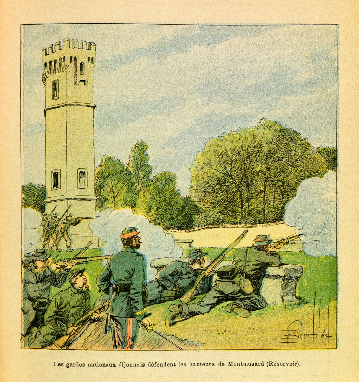ルイ・ボンブルド（1862-1927）が描いた「グレネストことユージン・セルジュの東部軍」（独仏戦争、1870年から1871年のキャンペーン）。1870年10月のディジョン防衛、モンミュサールの高台を守るディジョン国民衛兵、個人蔵 作： ルイ・チャールズ・ボンブル
