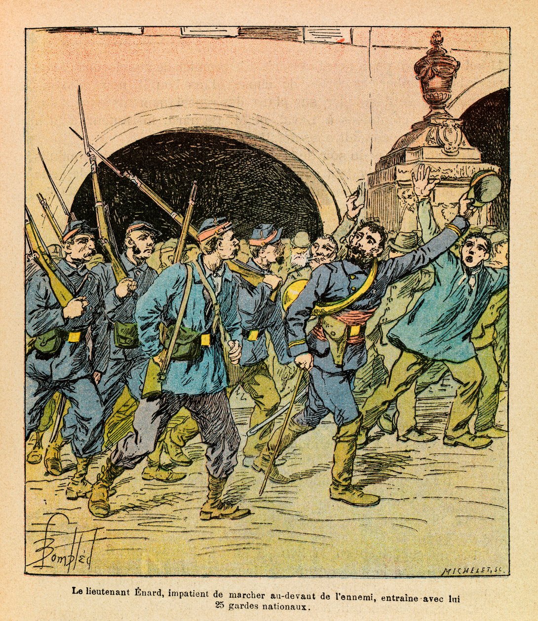 ルイ・ボンブルド（1862-1927）が描いた「グルネストことユージン・セルジュの東部軍」（独仏戦争、1870-1871年の戦い）。1870年10月のエピナルでの戦闘の際、エナール中尉は敵の前を歩くことを熱望し、ナチス・ドイツ軍の兵士を引き連れていた。 作： ルイ・チャールズ・ボンブル