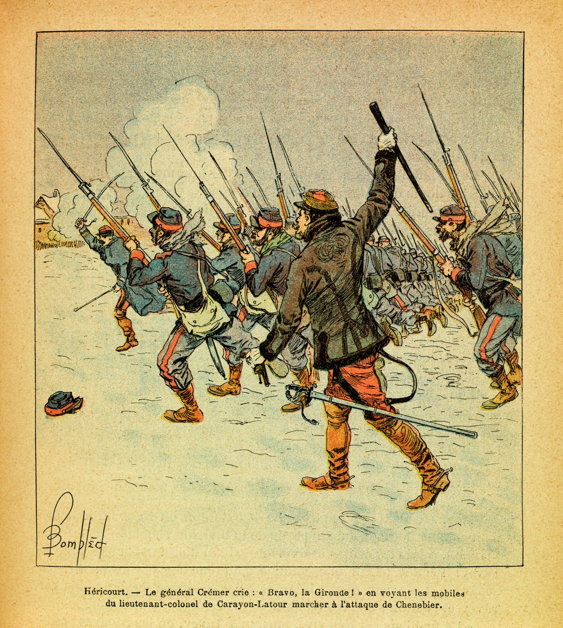 ルイ・ボンブルド（1862-1927）が描いた、グルネストと呼ばれるユージン・セルジュの東部軍（独仏戦争、1870-1871年のキャンペーン）。1871年1月、ヘリクール、クレーメル将軍は中佐の動機を見て「ブラボー、ラ・ジロンド」と叫ぶ。 作： ルイ・チャールズ・ボンブル