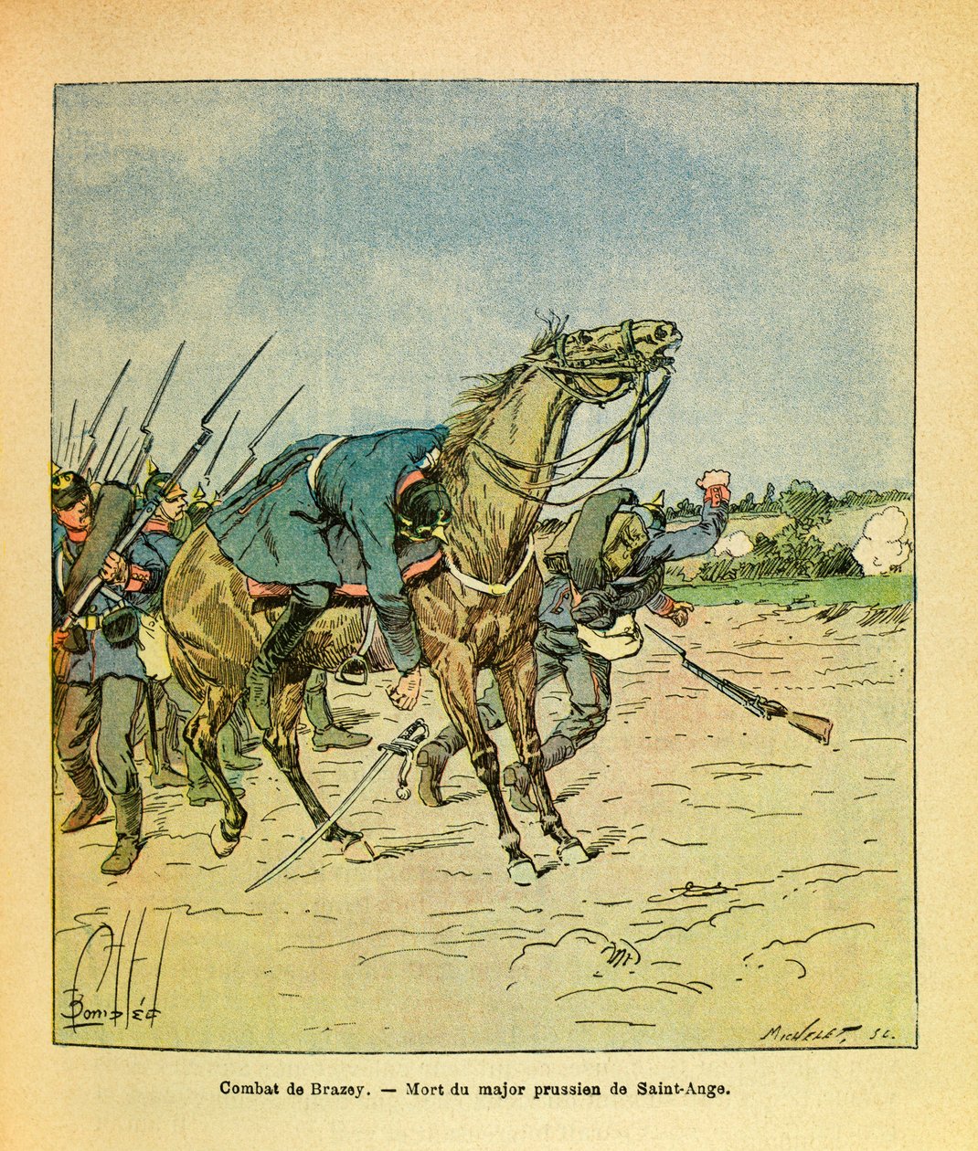 ルイ・ボンブルド（1862-1927）が描いたグルネストと呼ばれるユージン・セルジュの東部軍（独仏戦争、1870年から1871年のキャンペーン）。1870年11月、ブラゼーの戦いの最中、撃墜されるプロイセン少佐のサンアンジュ、プライベート・コレクション 作： ルイ・チャールズ・ボンブル