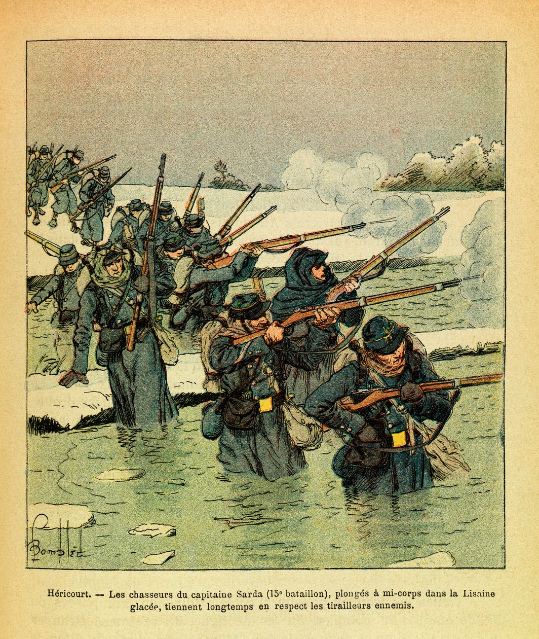 ルイ・ボンブルド（1862-1927）が描いた、グルネストと呼ばれるユージン・セルジュの東部軍（独仏戦争、1870年から1871年のキャンペーン）。1871年1月、ヘリクール、サルダ隊長の猟師たちがリザイン氷に半身を突っ込み、長い間浣腸される。 作： ルイ・チャールズ・ボンブル