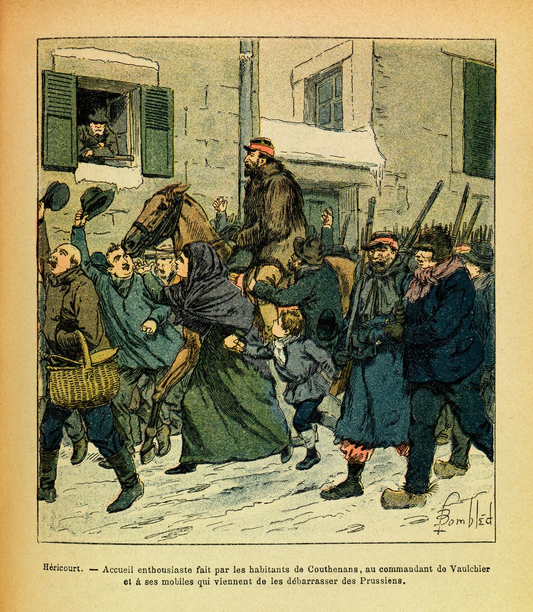 ルイ・ボンブルド（1862-1927）が描いた、グルネストと呼ばれるユージン・セルジュの東部軍（独仏戦争、1870年から1871年のキャンペーン）。1871年1月、ヘリクール、クーセナンの住民がヴォルキエ司令官とその部下に行った熱狂的なイベント 作： ルイ・チャールズ・ボンブル