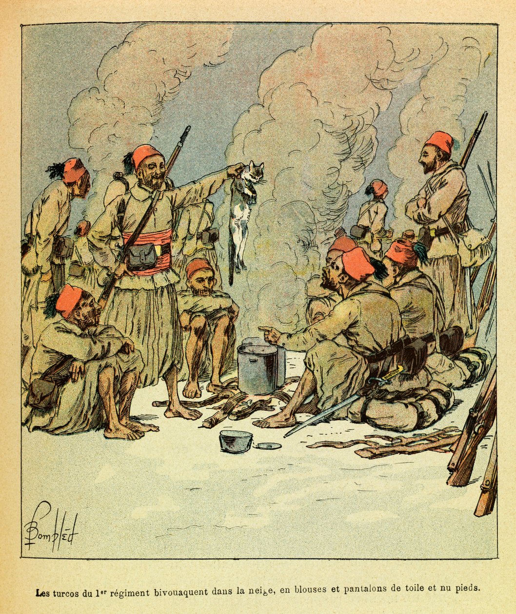 ルイ・ボンブルド（1862-1927）が描いたグルネストと呼ばれるウジェーヌ・セルジュの東部軍（独仏戦争、1870-1871年のキャンペーン）。1871年1月、雪の中でビバークする第1連隊のトルコスたち、キャンバス地のブラウスとズボン、そして裸の料金 作： ルイ・チャールズ・ボンブル