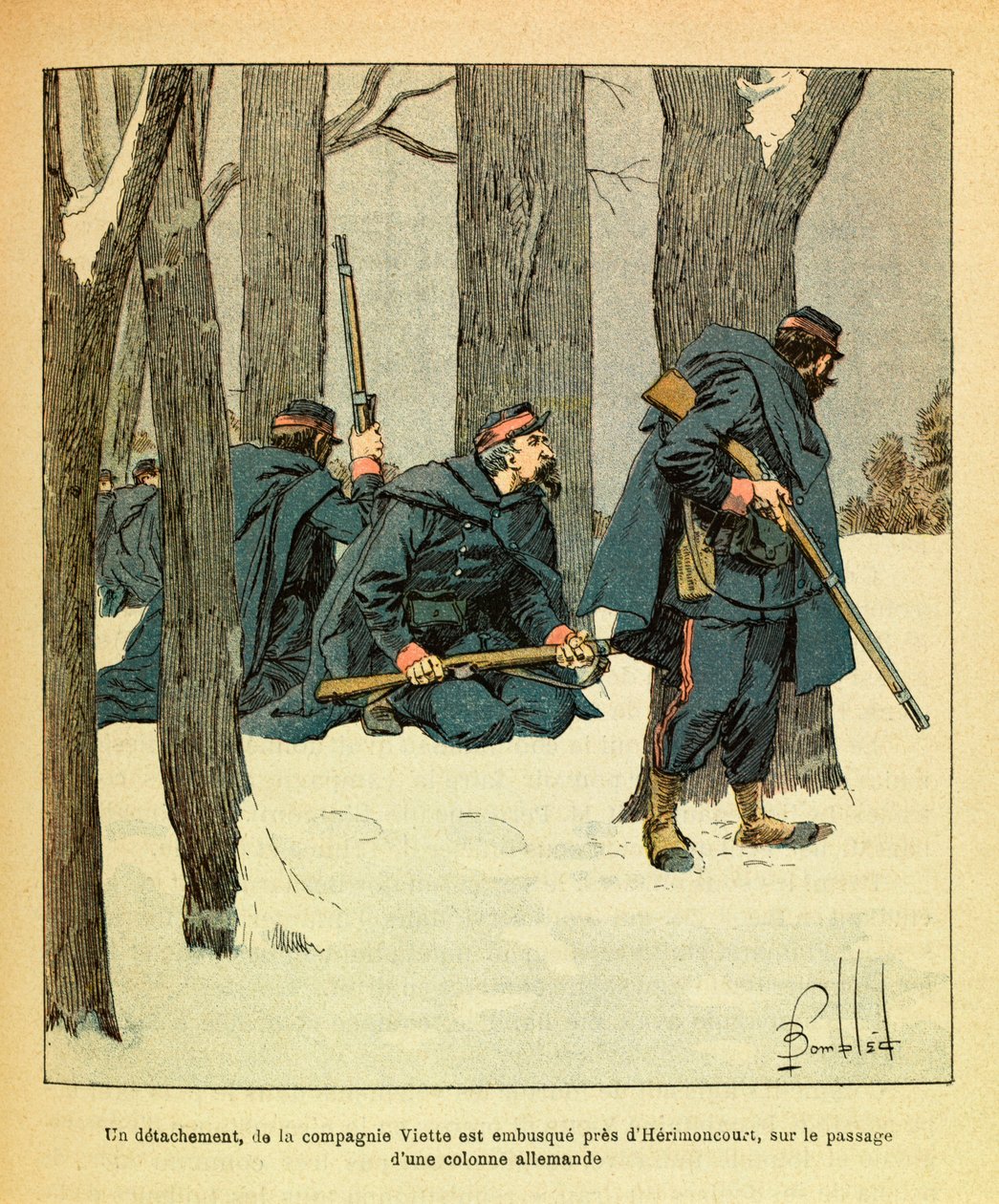 ルイ・ボンブルド（1862-1927）が描いた、グルネストと呼ばれるユージン・セルジュの東部軍（独仏戦争、1870年～1871年のキャンペーン）。1871年1月、ヴィエット中隊の分隊が、ドイツ軍の隊列が通過するHerimoncourt付近で待ち伏せされる 作： ルイ・チャールズ・ボンブル