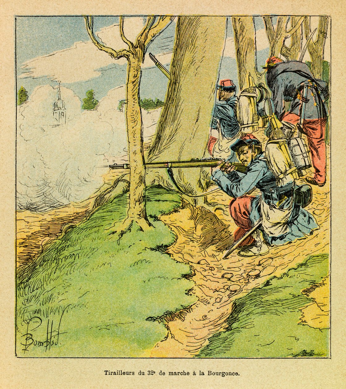 ルイ・ボンブルド（1862-1927）が描いた、グルネストと呼ばれるユージン・セルジュの東部軍（独仏戦争、1870-1871年のキャンペーン）。デュプレ将軍の命令のもと、1870年10月のラ・ブルゴンセの戦いで第32軍の行軍のシューマーであるプリヴァが 作： ルイ・チャールズ・ボンブル