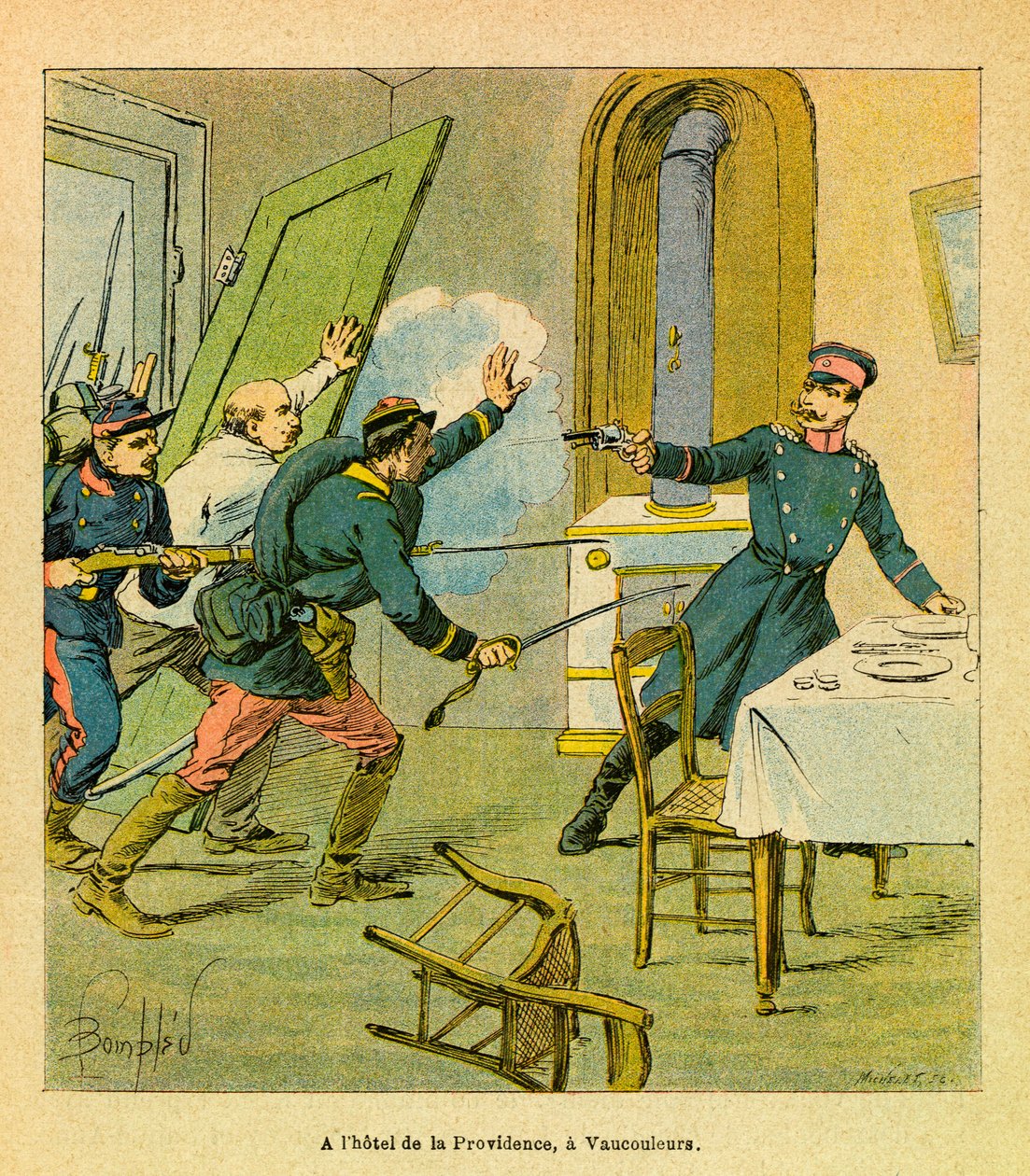 ルイ・ボンブルド（1862-1927）が描いたグルネストと呼ばれるユージン・セルジュの東部軍（独仏戦争、1870年から1871年のキャンペーン）。ヴォークールでフランス軍に捕らえられたプロシア軍将校、個人蔵 作： ルイ・チャールズ・ボンブル
