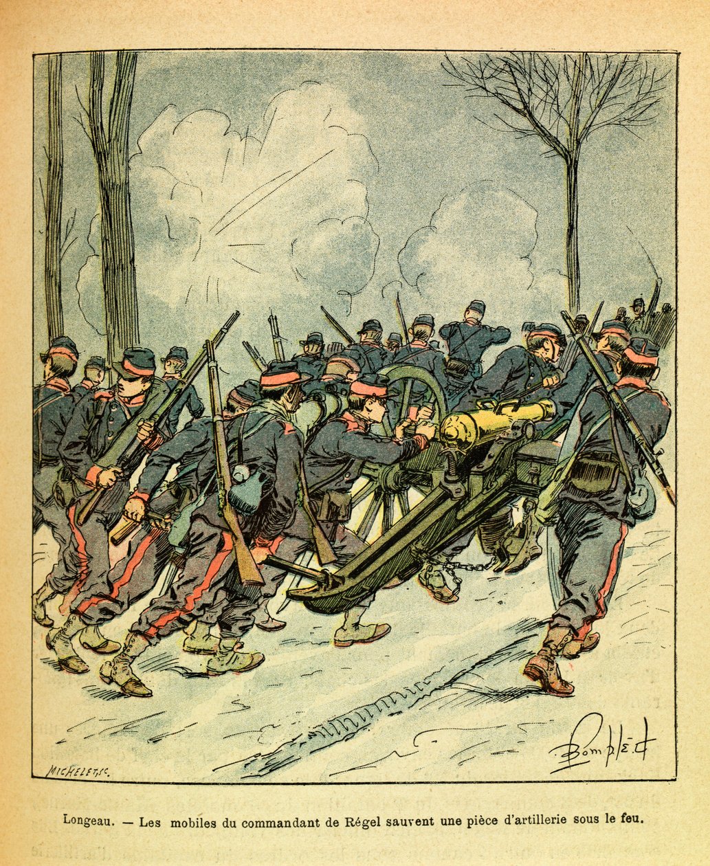 ルイ・ボンブルド（1862-1927）が描いた、グルネストと呼ばれるユージン・セルジュの東部軍（独仏戦争、1870年から1871年のキャンペーン）。1870年12月、Longeauの戦いで、Regelの司令官の動機が敵のモミの下にある大砲を救出したこと 作： ルイ・チャールズ・ボンブル