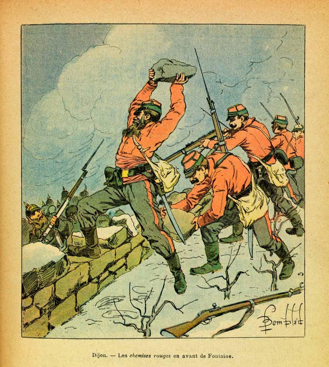 ルイ・ボンブルド（1862-1927）が描いたユージン・セルジュの東部軍（グルネスト）（独仏戦争、キャンペーン1870-1871年）。1871年1月のディジョンの戦いでフォンテーヌの前に立つガリバルディの赤シャツ、プライベート・コレクション 作： ルイ・チャールズ・ボンブル