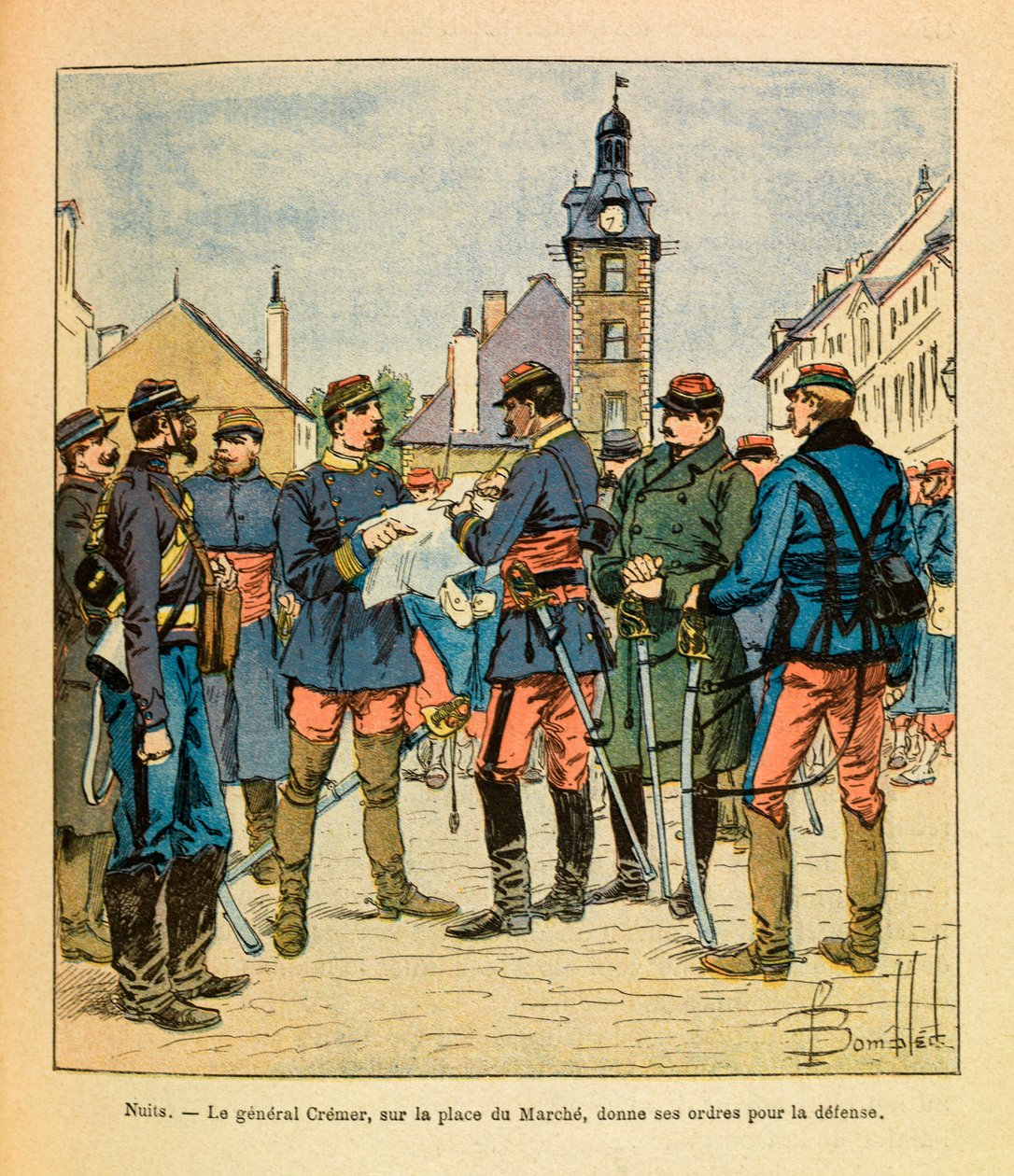 ルイ・ボンブルド（1862-1927）が描いた、グルネストと呼ばれるユージン・セルジュの東部軍（独仏戦争、1870年～1871年のキャンペーン）。ニュイ・サン・ジョルジュの戦い；マルシェ広場でクレメル将軍が防衛命令を下す（1870年12月、Pr 作： ルイ・チャールズ・ボンブル