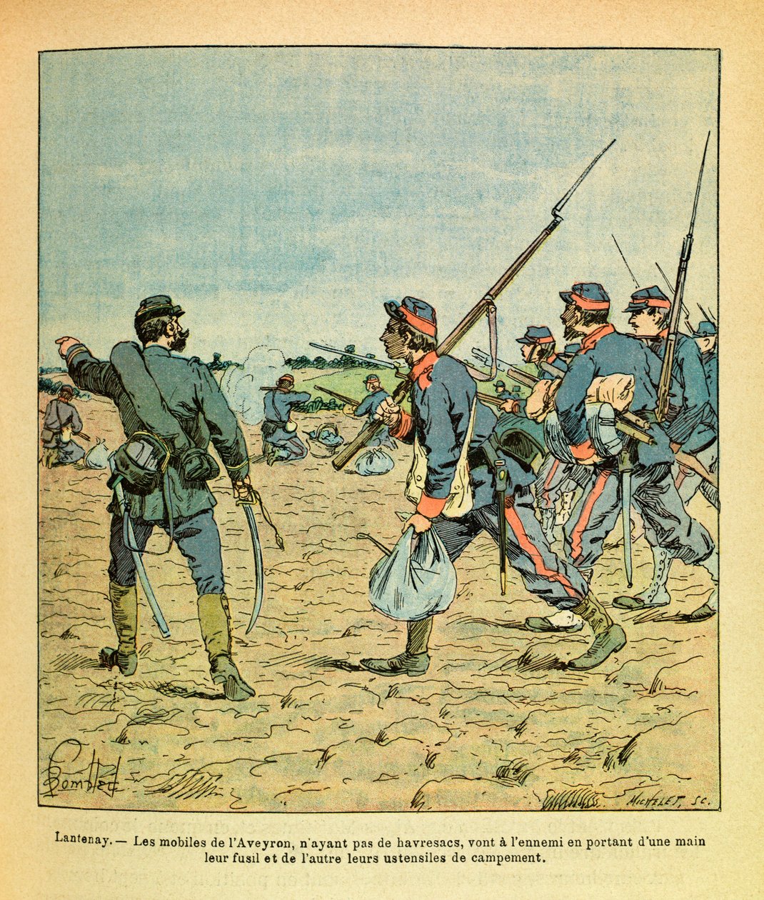 ルイ・ボンブルド（1862-1927）が描いた、グルネストと呼ばれるユージン・セルジュの東部軍（独仏戦争、1870年〜1871年のキャンペーン）。1870年11月のランテネーの戦い、ハヴルサックのないアヴェロンの携帯電話はライフルを担いで敵に向かう 作： ルイ・チャールズ・ボンブル