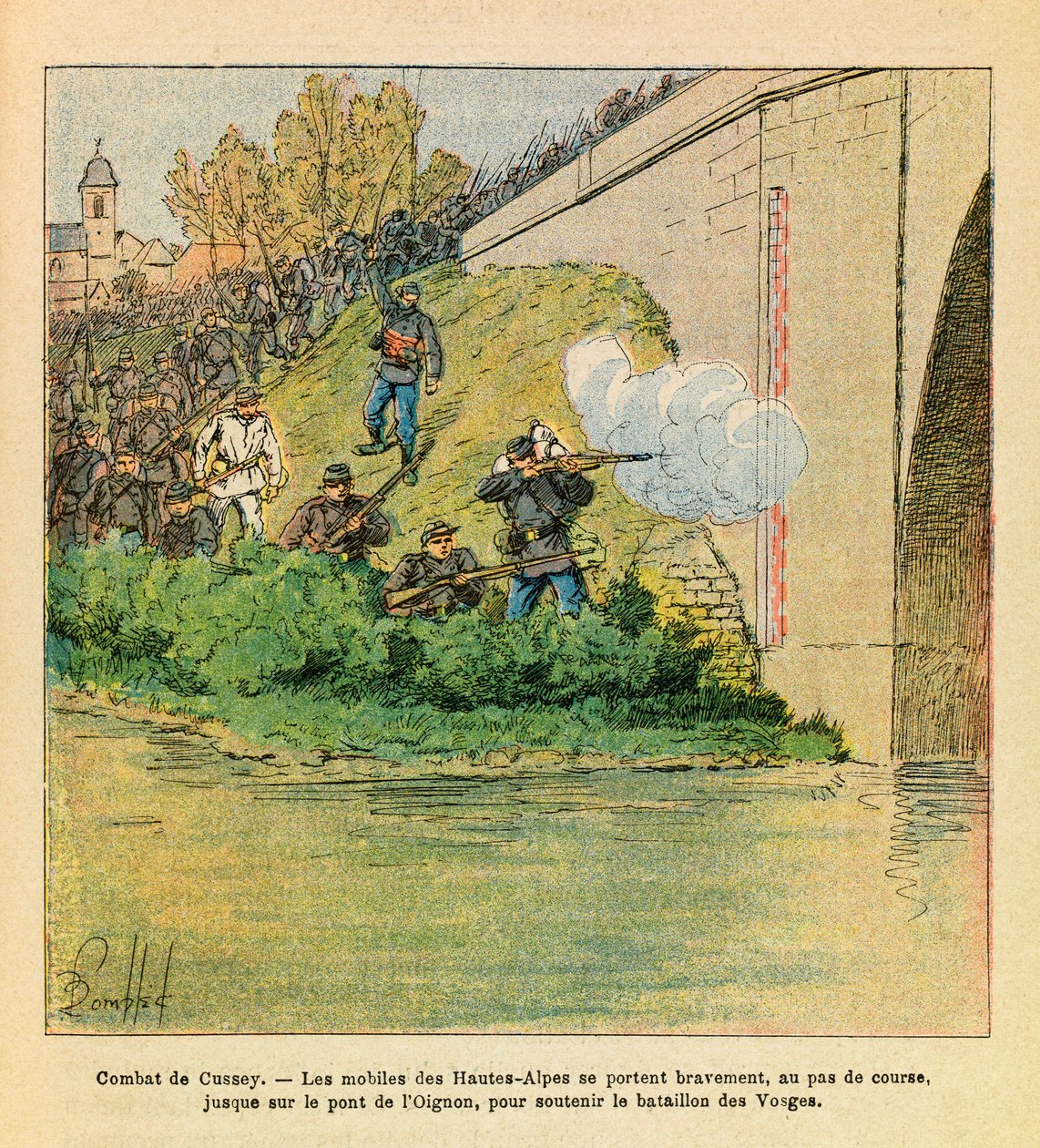 ルイ・ボンブルド（1862-1927）が描いた、グルネストとして知られるユージン・セルジュの東部軍（独仏戦争、1870-1871年のキャンペーン）。Les mobiles des Hautes Alpes lend a hand to the battalion of Vosges during the Cussey on the Ognon (dou 作： ルイ・チャールズ・ボンブル