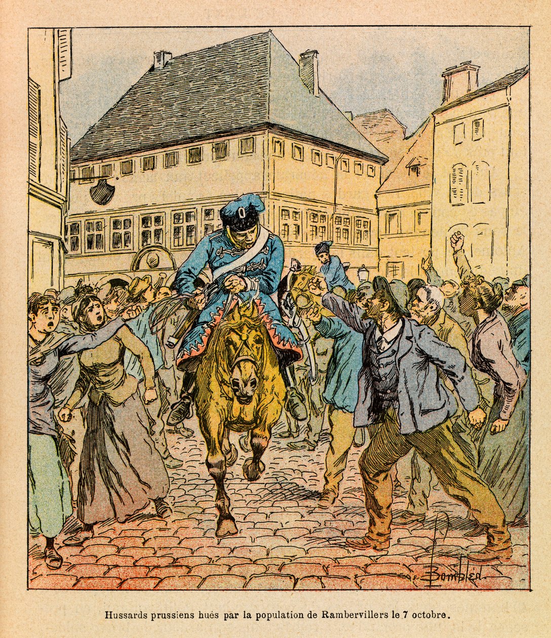 ルイ・ボンブルド（1862-1927）が描いた、グルネストとして知られるユージン・セルジュの東部軍（独仏戦争、1870-1871年のキャンペーン）。10月7日、ランベルヴィエールの住民によるプロイセンの前衛部隊のヒュエ 作： ルイ・チャールズ・ボンブル