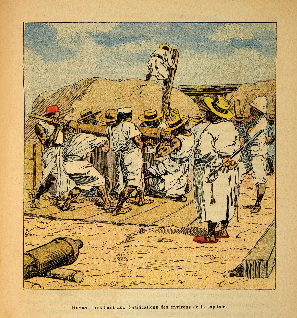 Henri Galli dit Galllichet (1854-1922)著、Louis Bombled (1862-1927)絵による「マダガスカルの戦争-1885-1895年のフランス遠征の逸話」：1895年に首都の要塞で働くホヴァス、個人蔵 作： ルイ・チャールズ・ボンブル