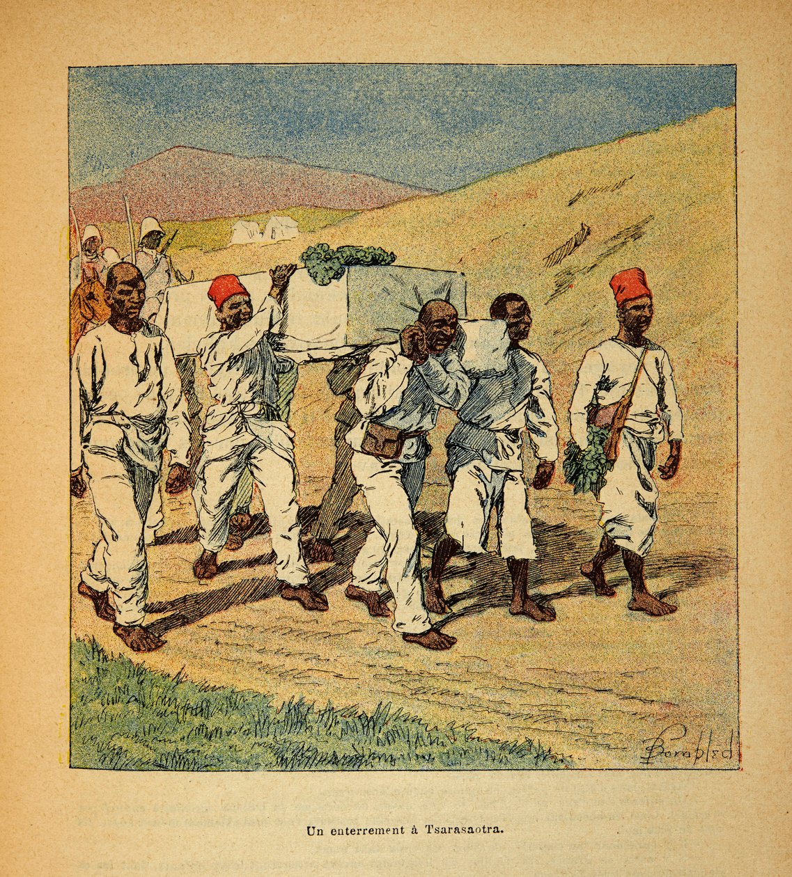 Henri Galli dit Galllichet (1854-1922)著、Louis Bombled (1862-1927)絵による「マダガスカルの戦争-1885-1895年のフランス遠征の逸話史」。1895年ツァラサオトラでの兵士の埋葬、個人蔵 作： ルイ・チャールズ・ボンブル