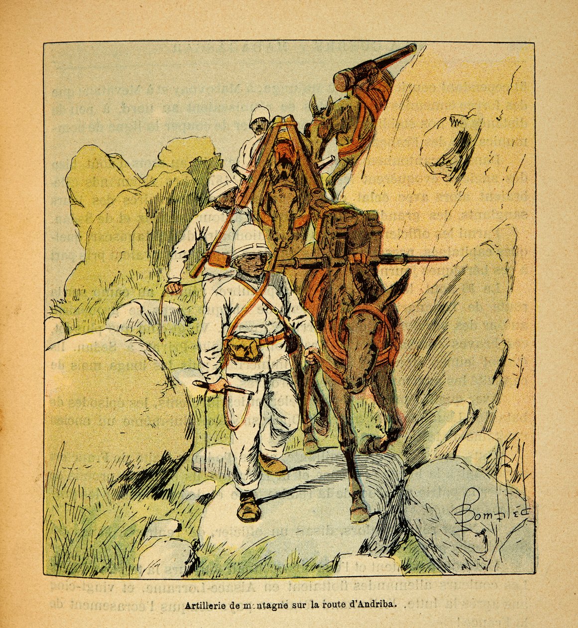 Henri Galli dit Galllichet (1854-1922)著、Louis Bombled (1862-1927)絵による「マダガスカルの戦争-1885-1895年のフランス遠征の逸話史」。1895年のマダガスカルへのアンドリバ街道の山砲隊、個人蔵 作： ルイ・チャールズ・ボンブル