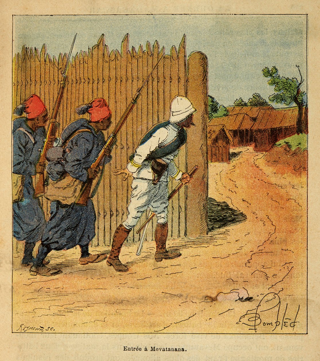 Henri Galli dit Galllichet (1854-1922)著、Louis Bombled (1862-1927)絵による「マダガスカルの戦争-1885-1895年のフランス遠征の逸話史」。1895年、メバタナ村に入るフランス軍、個人蔵 作： ルイ・チャールズ・ボンブル